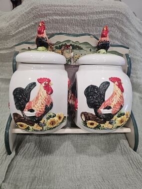 Vintage KMC Rooster Tilt Cookie Jar Set With Wooden Rack